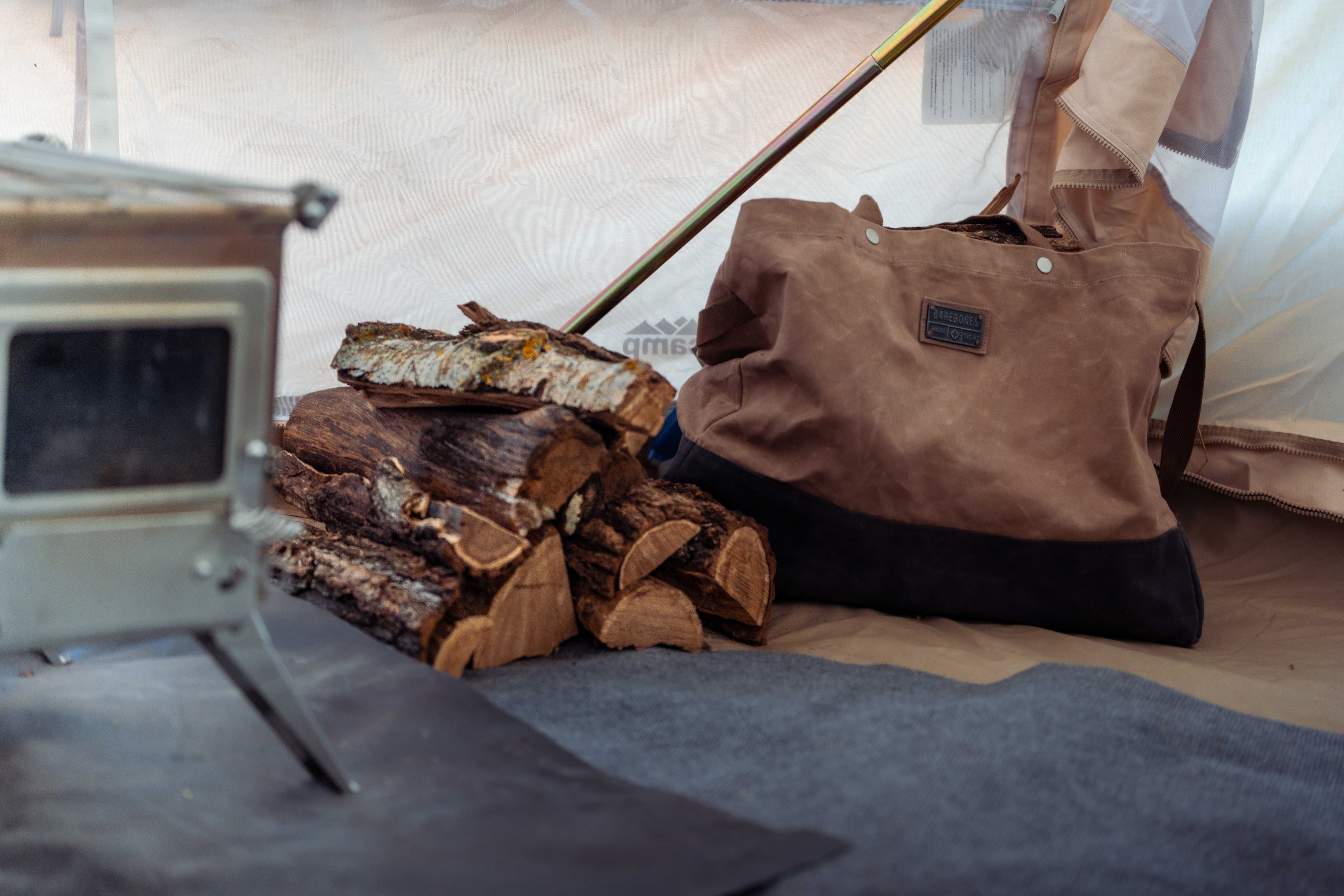 Firewood ready for canvas tent stove with carrying bag Firewood ready for canvas tent stove with carrying bag